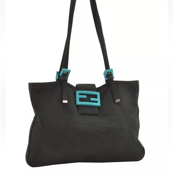 FENDI Green/Turquoise Vintage Cotton Jersey Leather Shoulder Tote Bag | Preloved - Picture 1 of 16
